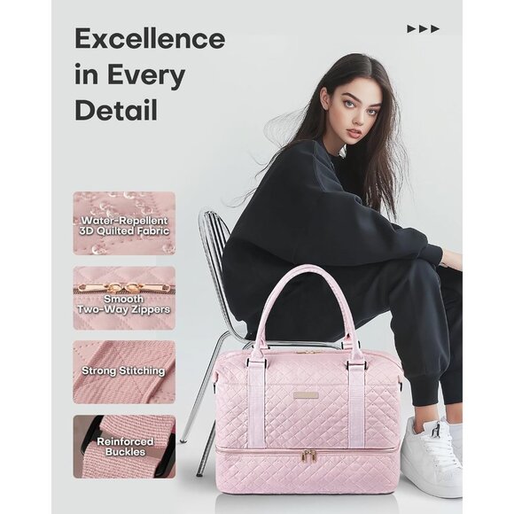 Hotor Women Pink Large Overnight with Shoe Compartment  Travel Duffel Bag - Picture 5 of 8